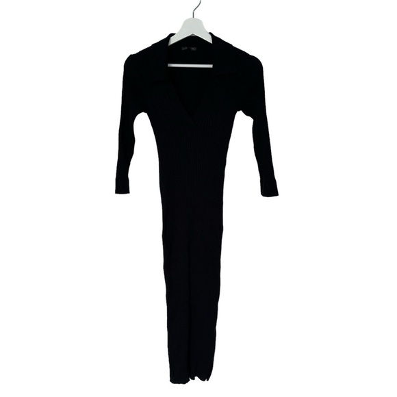 DYNAMITE BLACK RIBBED MAXI DRESS WITH V-NECK, COLLAR & SIDE SLIT | SIZE SMALL - Picture 9 of 15